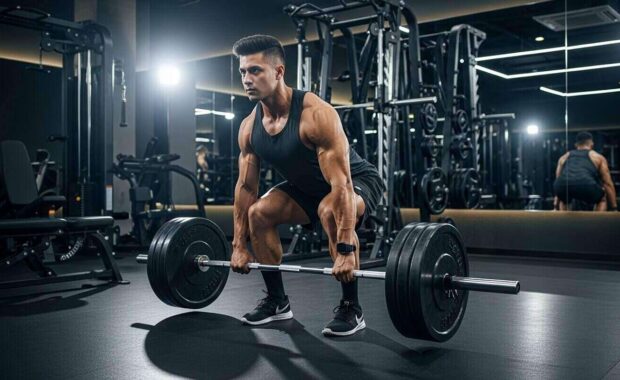 muscular man deadlifting weight in modern gym setting