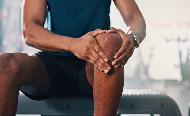 knee pain and man with fitness, leg injury and athlete with orthopedic issue or fibromyalgia emergency